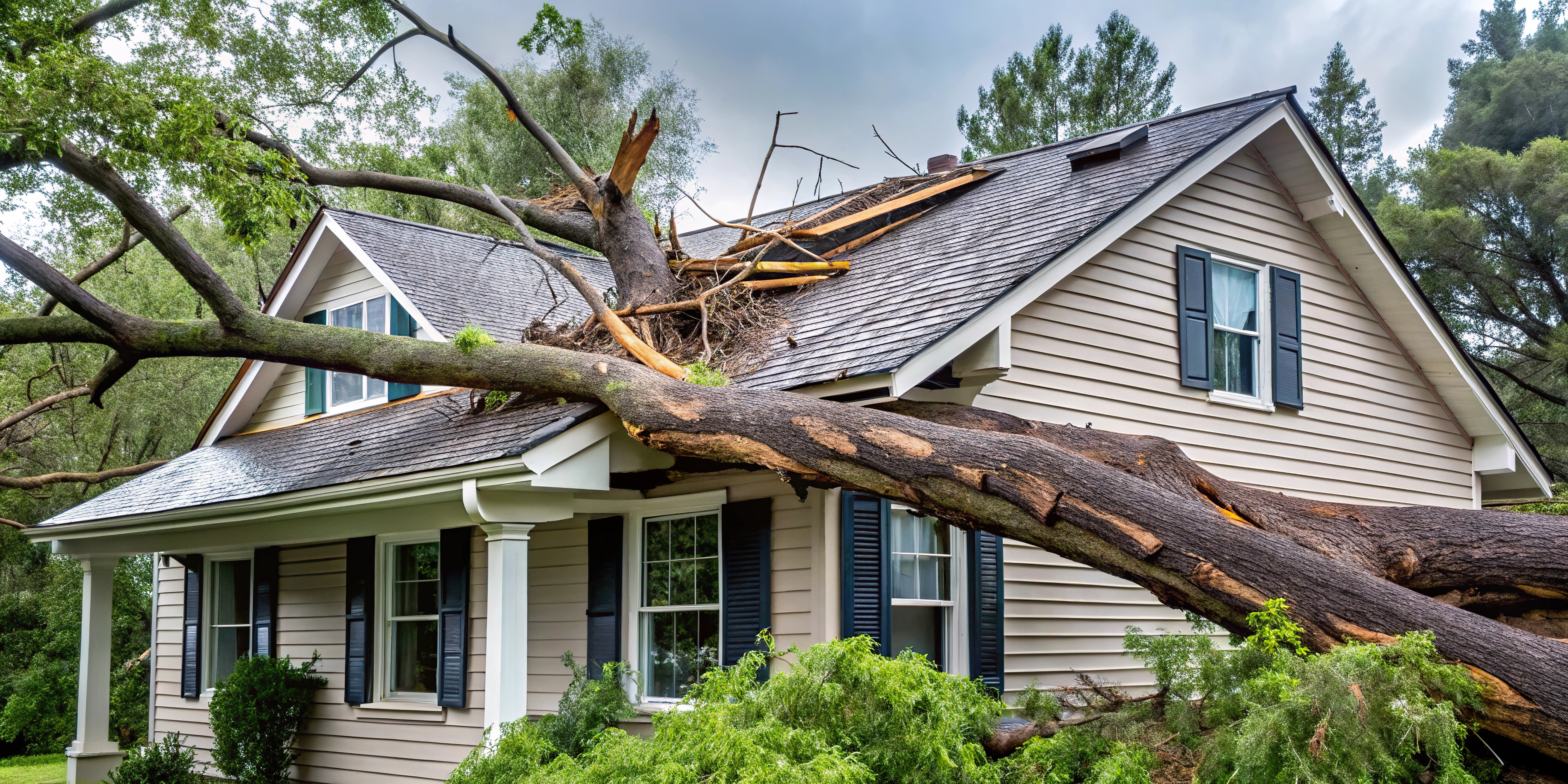 Low angle view of tree falling on house roof during storm, causing insurance damage and mud destruction